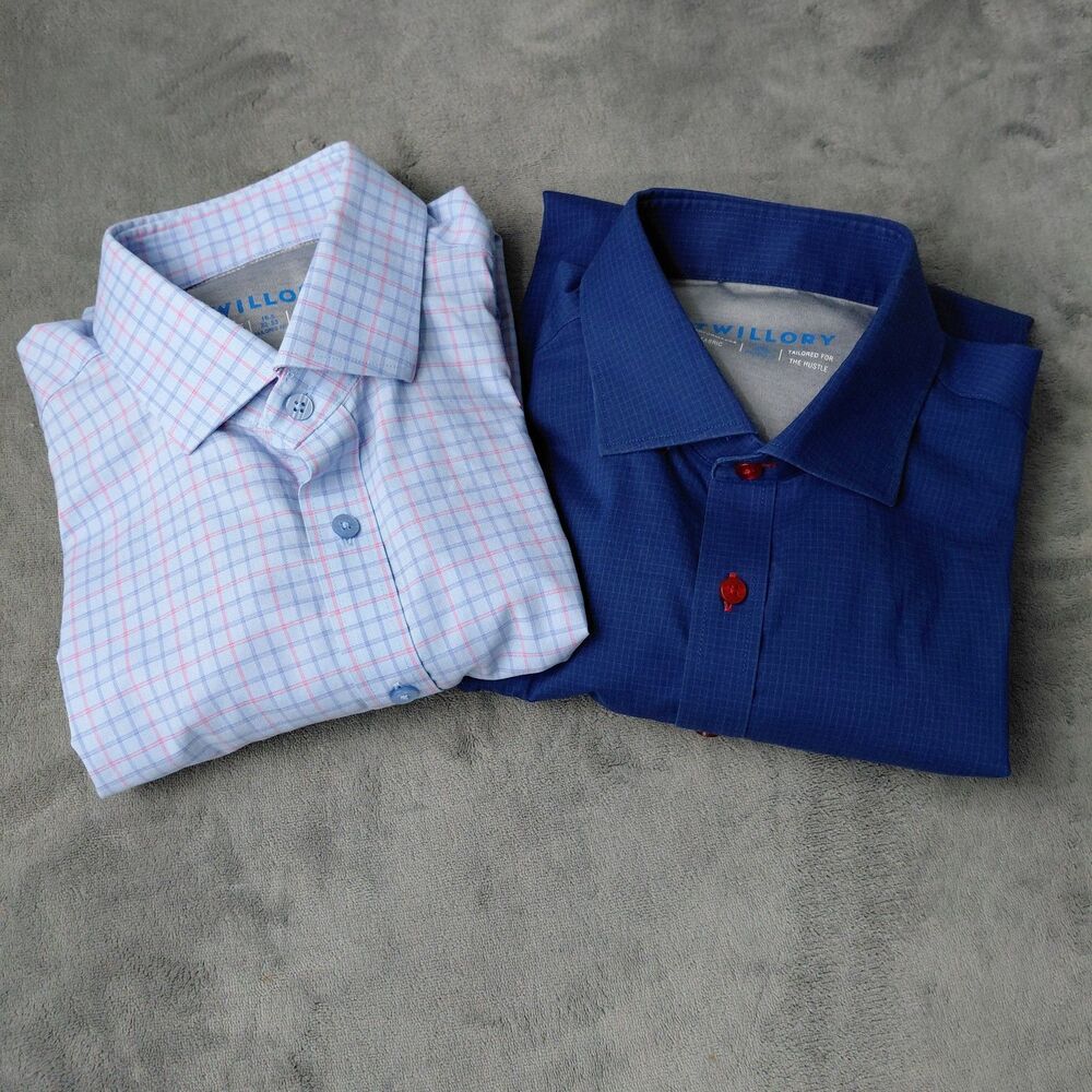 Twillory Performance Dress Shirts Lot of 2 Men 16.5 32/33 Blue Plaid Tailor Fit